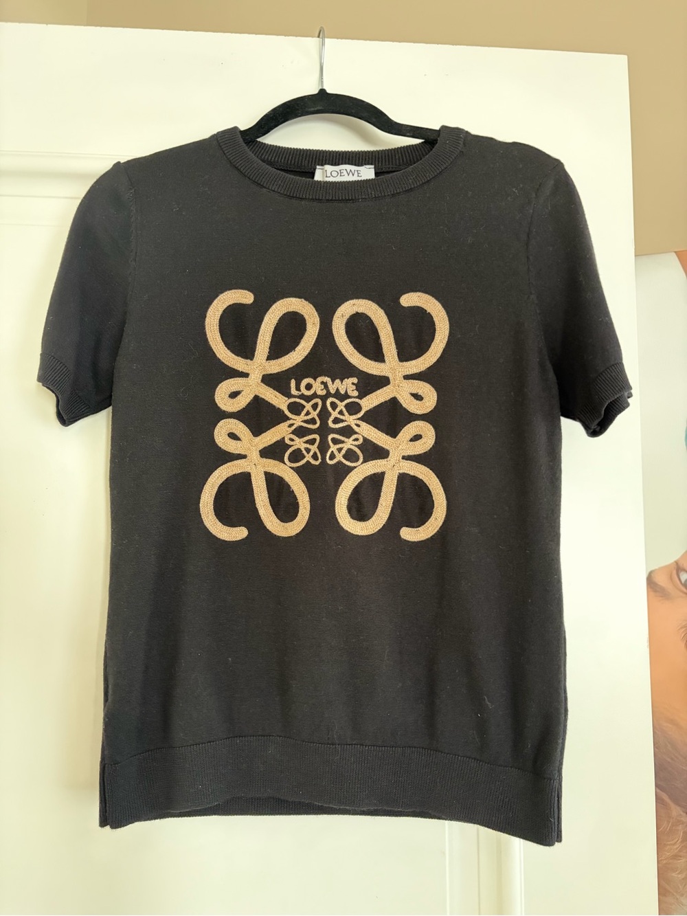 Black Short Sleeve Knit Top with Tan Anagram Logo